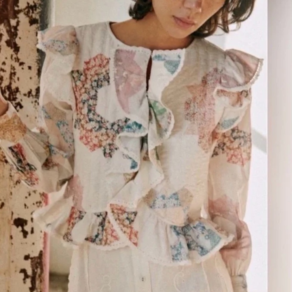 Sezane Floral Ruffle Blouse in Cream with Pastel Prints